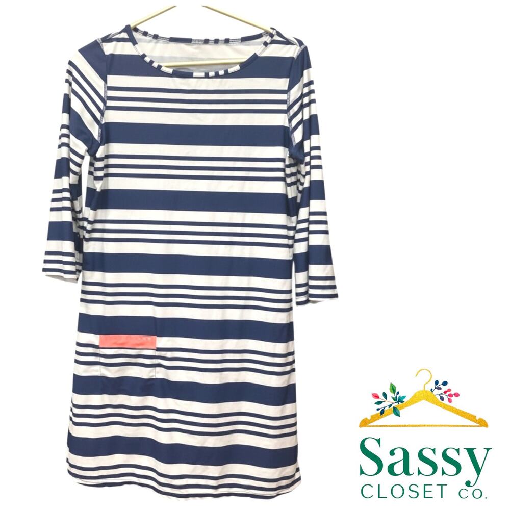 Cabana Life Navy Striped UPF 50 Dress M EUC 3/4 Sleeve Shift Beach Mini Dress